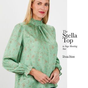 Tucker Stella Top Sage Shooting Star Silk  Stretch Charmeuse Mock Neck Blouse